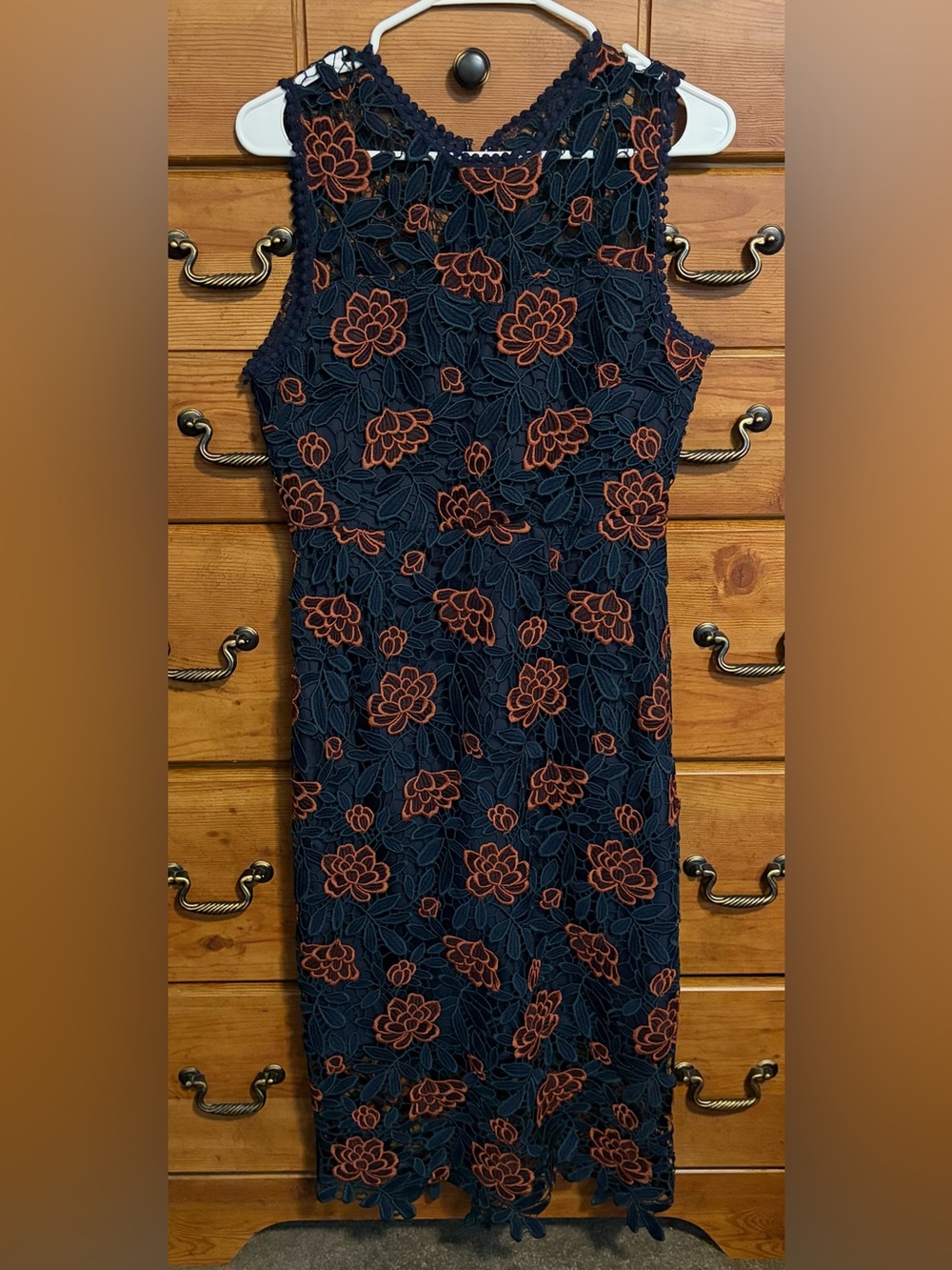 cupcakes & cashmere Navy Midi Dress with Rust Floral Lace